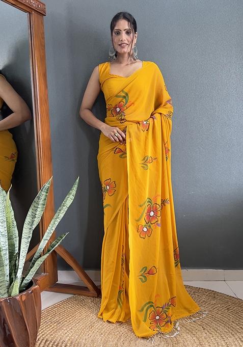 Mustard Printed Woven Saree Set