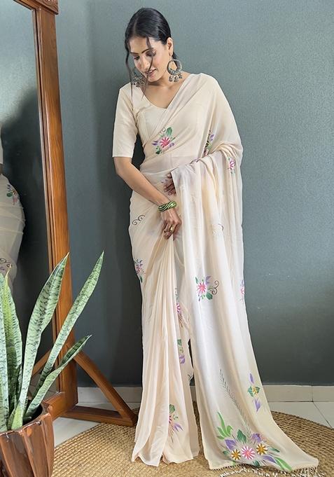 Cream Printed Woven Saree Set