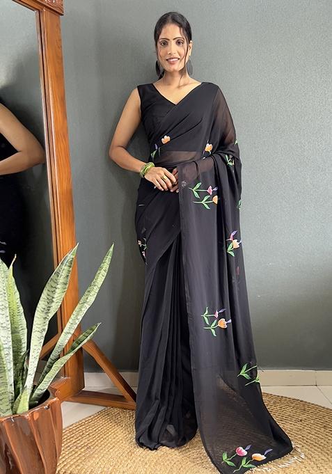 Black Printed Woven Saree Set