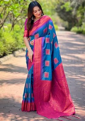 Blue Meenakari Work Woven Saree Set