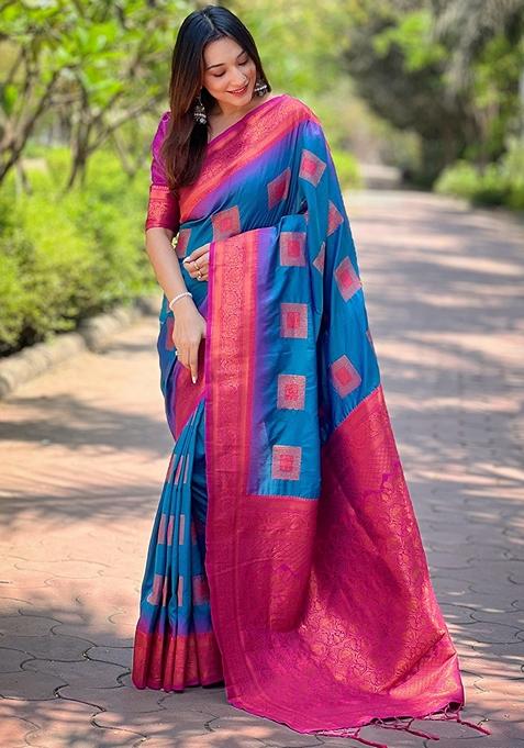 Blue Meenakari Work Woven Saree Set