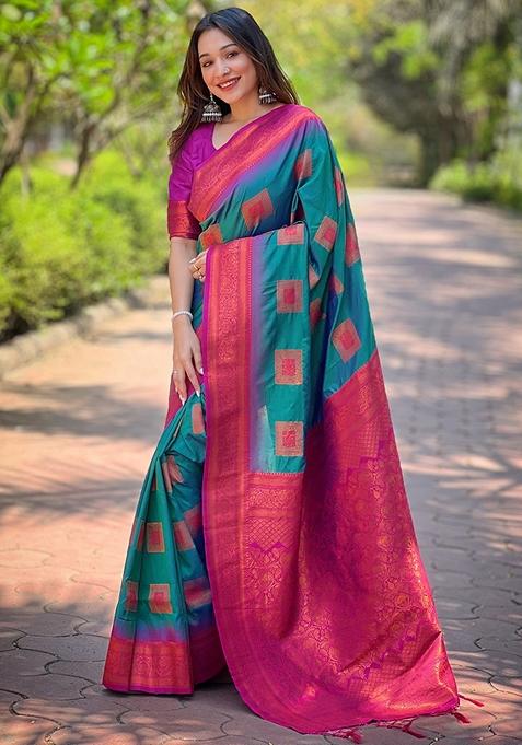 Blue Meenakari Work Woven Saree Set