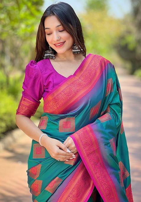 Blue Meenakari Work Woven Saree Set