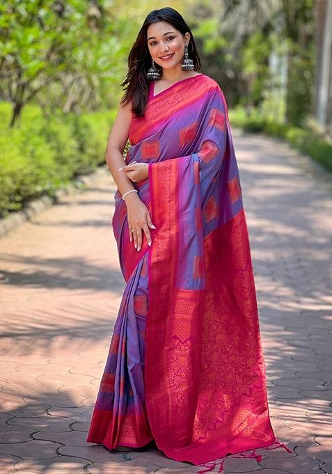 Purple Meenakari Work Woven Saree Set