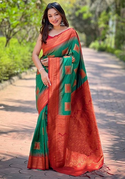 Green Meenakari Work Woven Saree Set