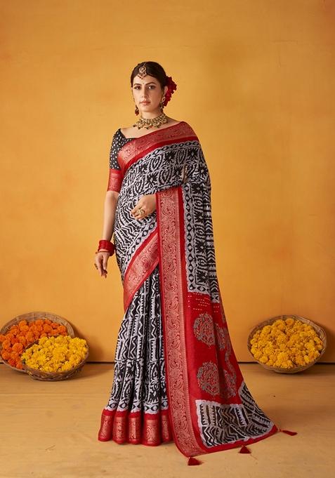 White Printed Woven Saree Set