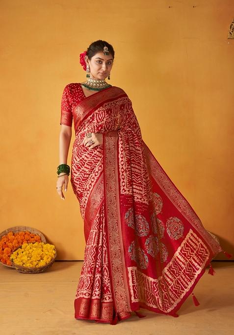 Red Printed Woven Saree Set