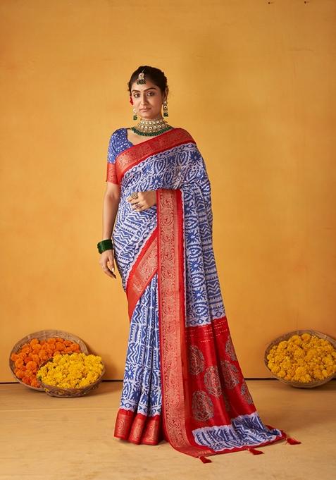 Blue Printed Woven Saree Set