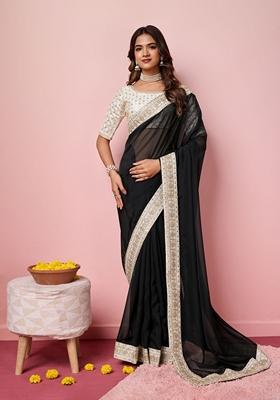 Black Embroidered Woven Saree Set