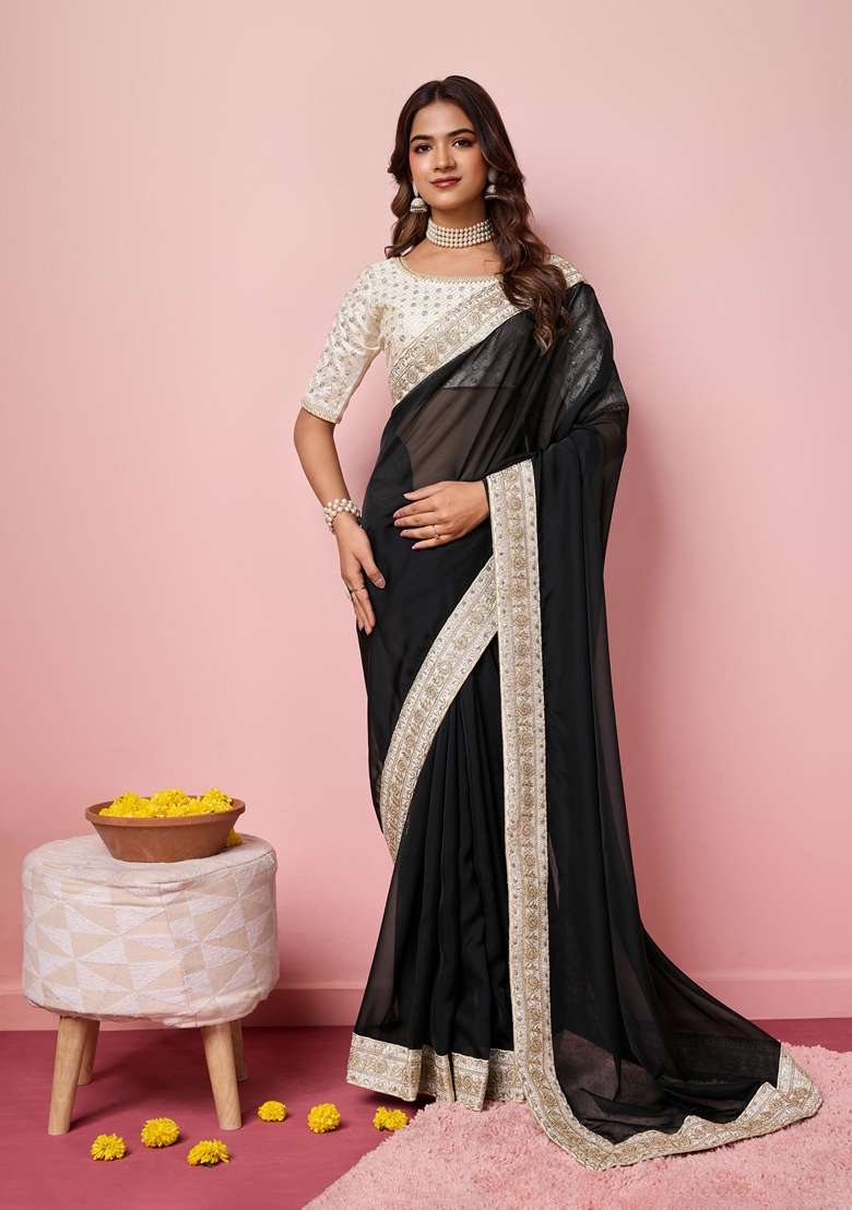 Black Embroidered Woven Saree Set - Indya