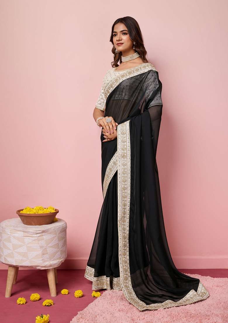 Black Embroidered Woven Saree Set - Indya