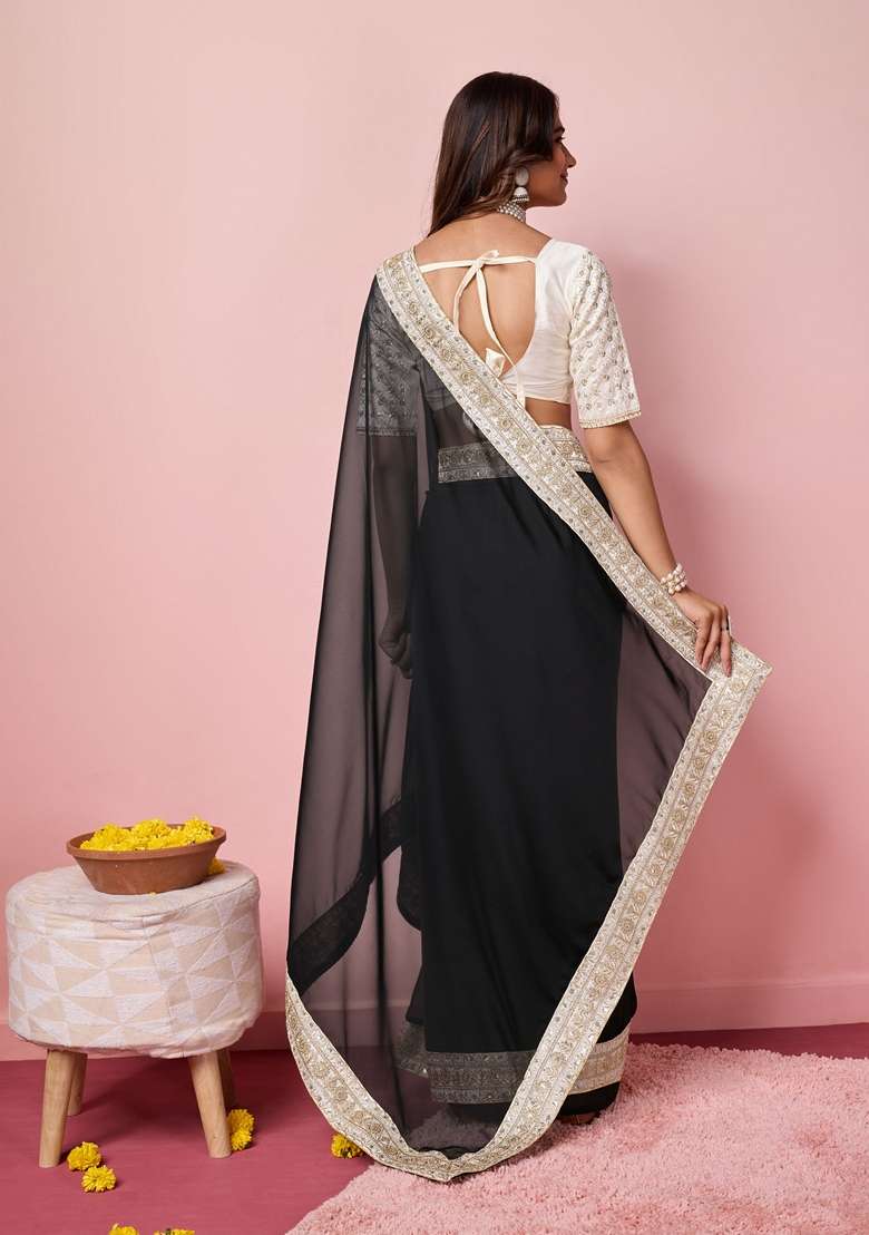 Black Embroidered Woven Saree Set - Indya