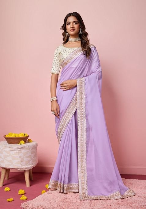 Purple Embroidered Woven Saree Set