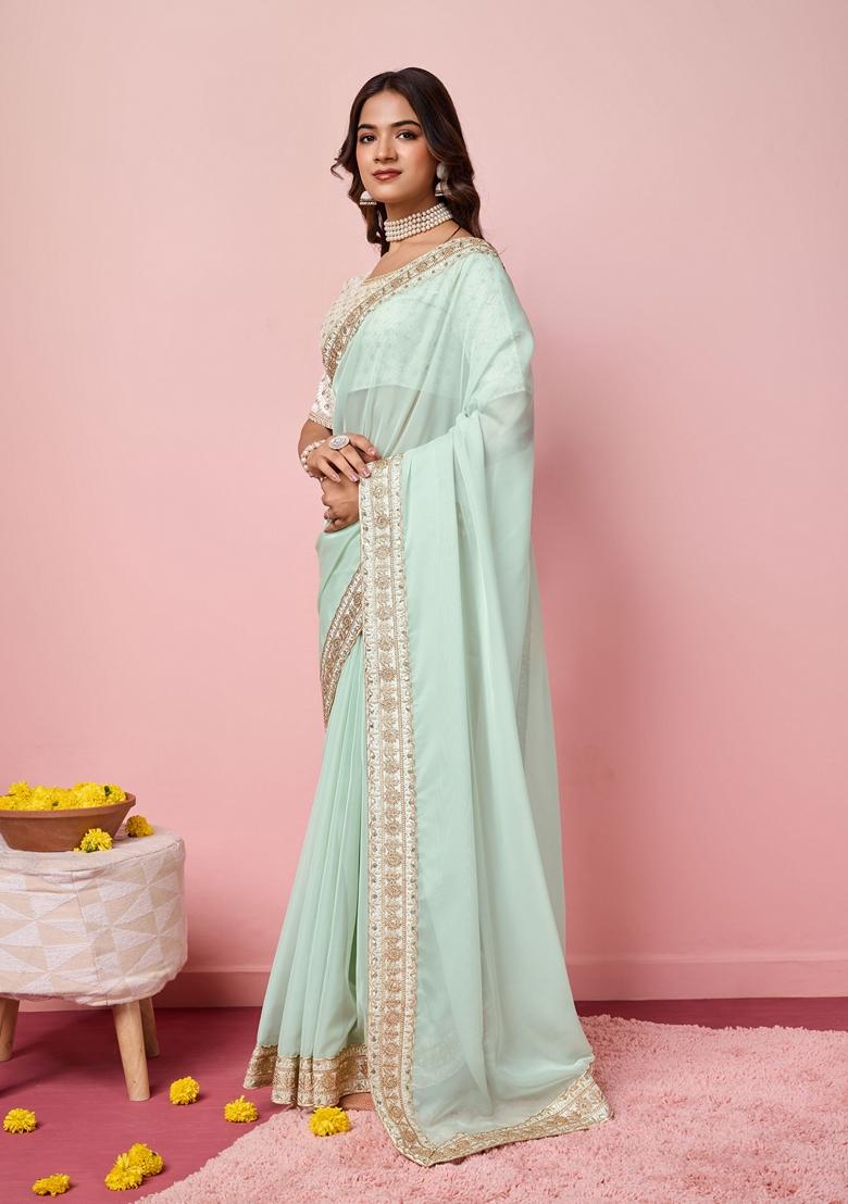 Sea Green Embroidered Woven Saree Set