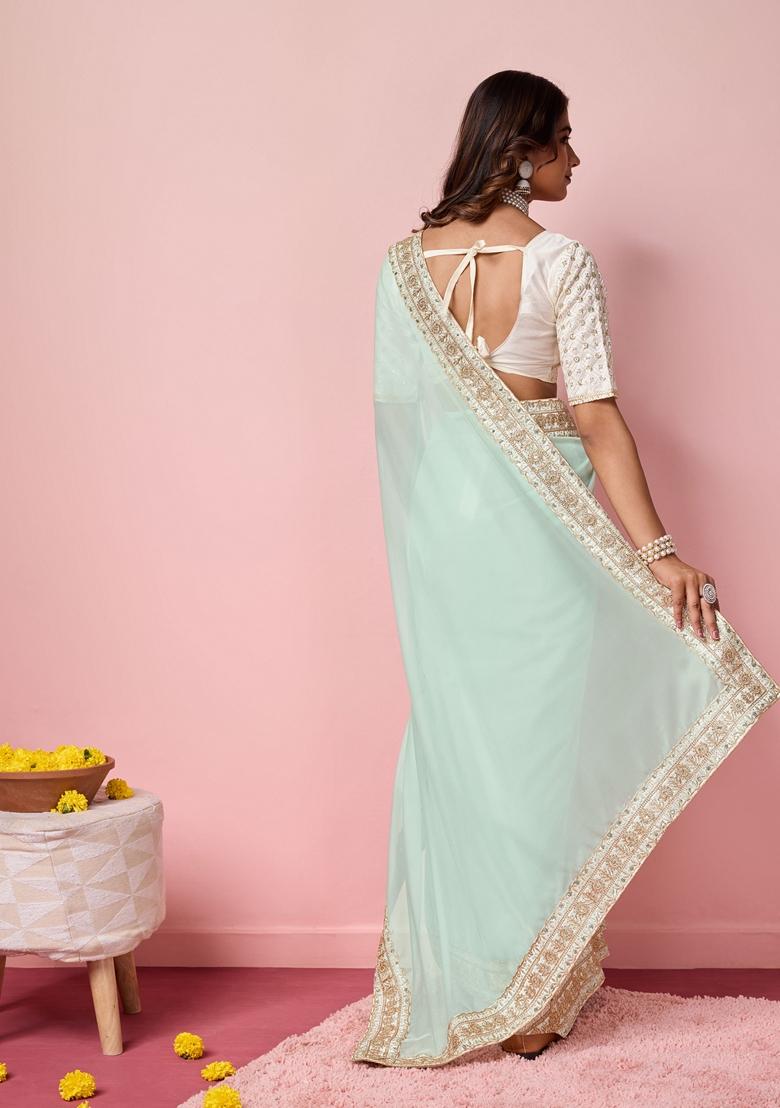 Sea Green Embroidered Woven Saree Set