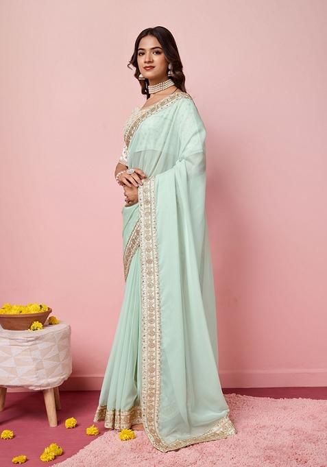Sea Green Embroidered Woven Saree Set