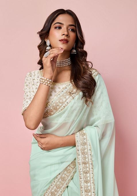 Sea Green Embroidered Woven Saree Set