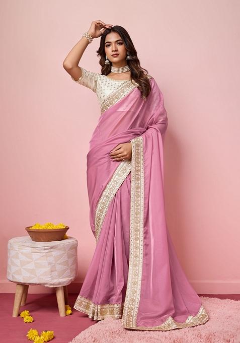 Pink Embroidered Woven Saree Set