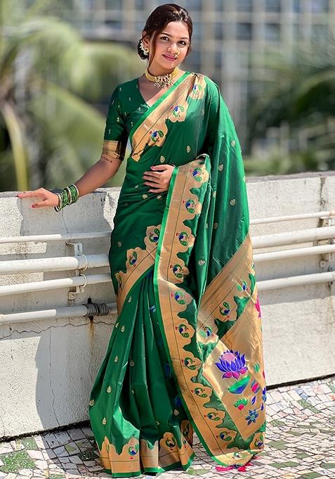 Green Meenakari Work Woven Saree Set