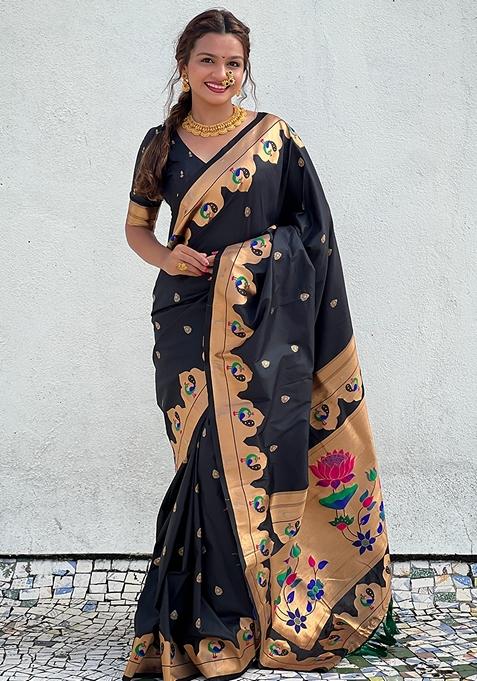 Black Meenakari Work Woven Saree Set