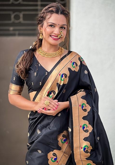 Black Meenakari Work Woven Saree Set