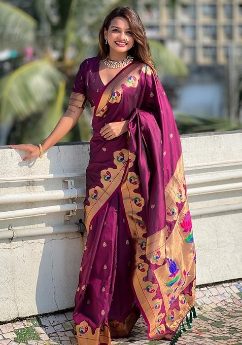 Magenta Meenakari Work Woven Saree Set