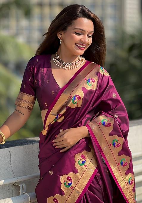Magenta Meenakari Work Woven Saree Set