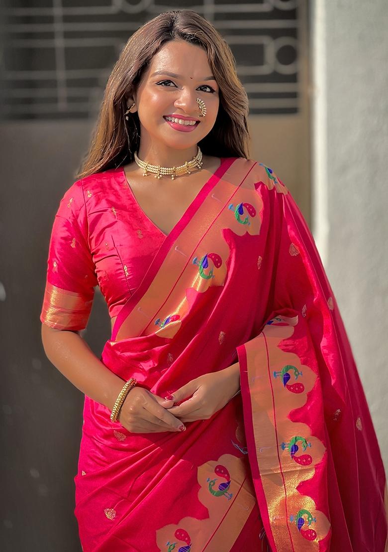 Red Meenakari Work Woven Saree Set