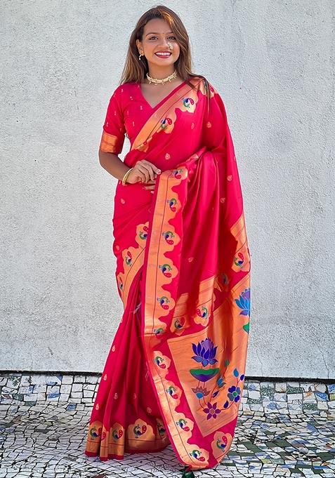 Red Meenakari Work Woven Saree Set