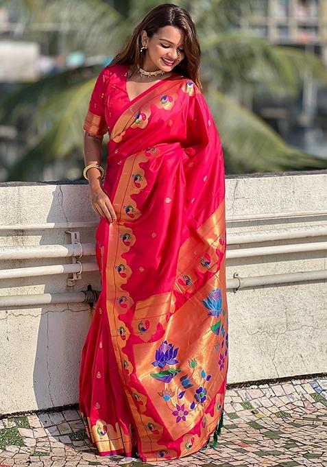 Red Meenakari Work Woven Saree Set