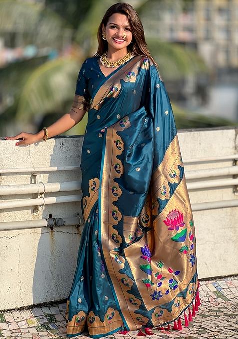 Teal Meenakari Work Woven Saree Set