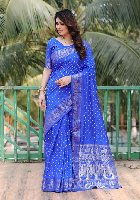 Blue Bandhej Work Woven Saree Set