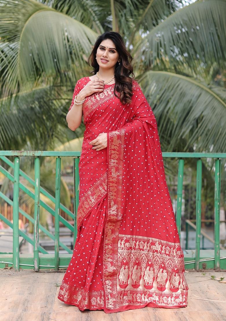 Red Bandhej Work Woven Saree Set