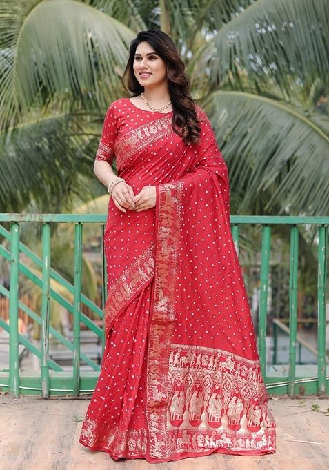 Red Bandhej Work Woven Saree Set