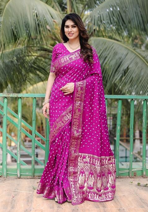 Purple Bandhej Work Woven Saree Set