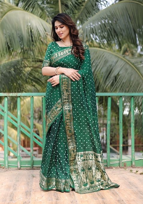 Green Bandhej Work Woven Saree Set