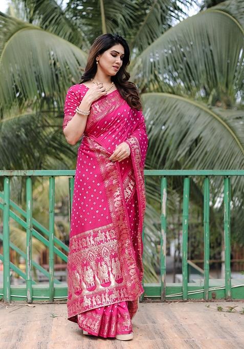 Pink Bandhej Work Woven Saree Set