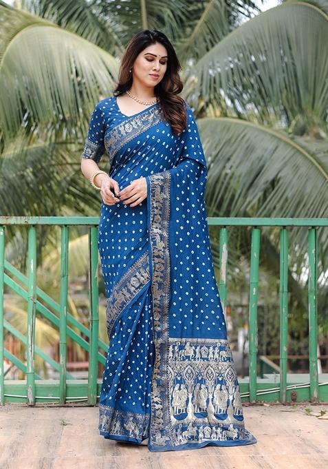 Blue Bandhej Work Woven Saree Set