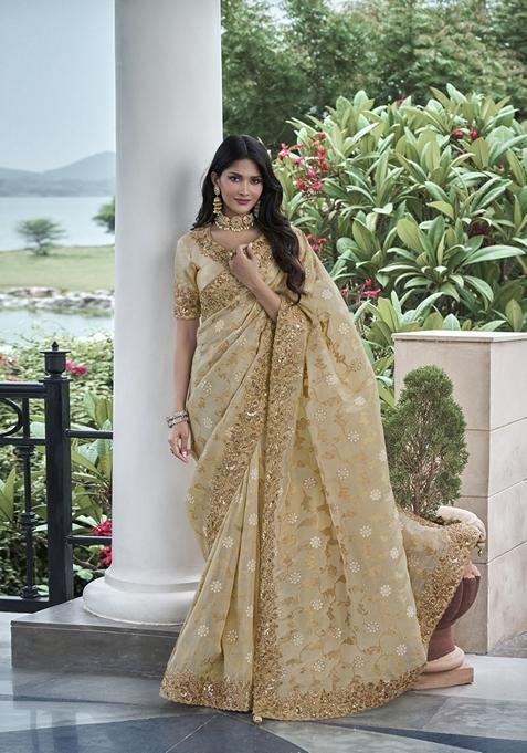 Beige Embroidered Woven Saree Set