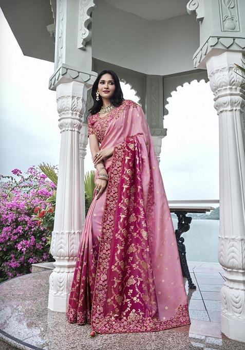 Pink Embroidered Woven Saree Set