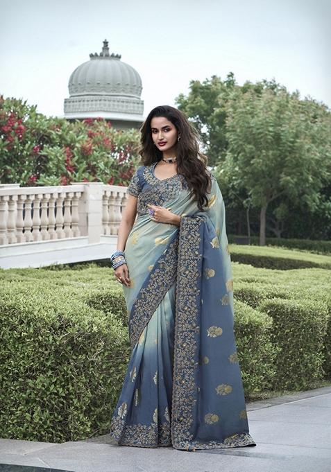 Blue Embroidered Woven Saree Set