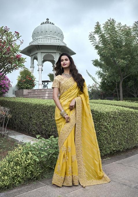 Yellow Embroidered Woven Saree Set