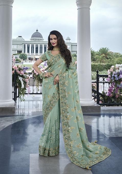 Green Embroidered Woven Saree Set