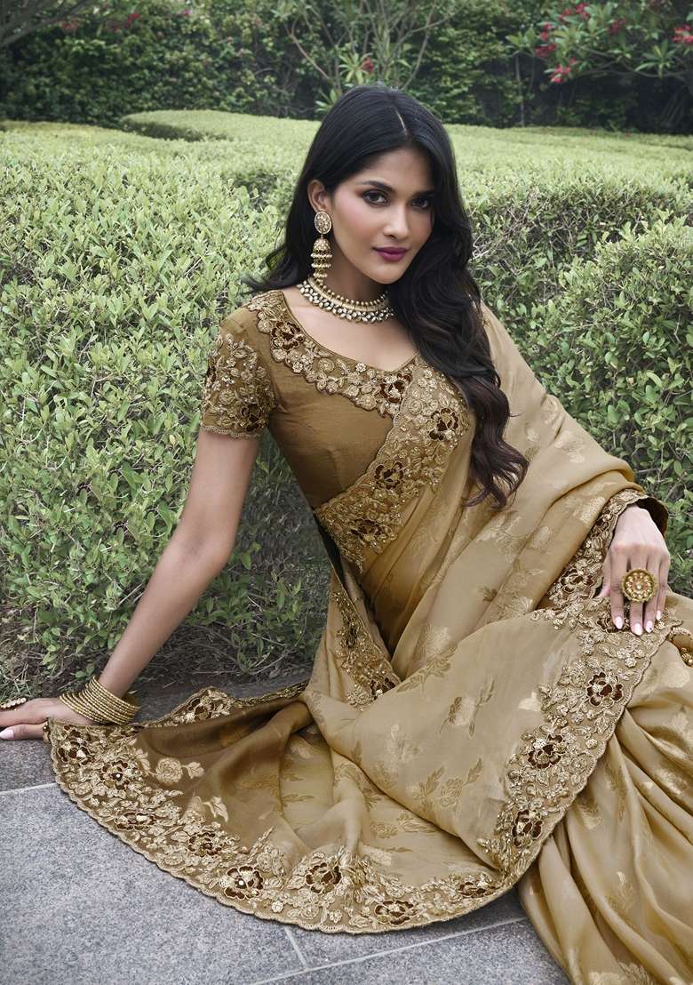 Brown Embroidered Woven Saree Set - Indya