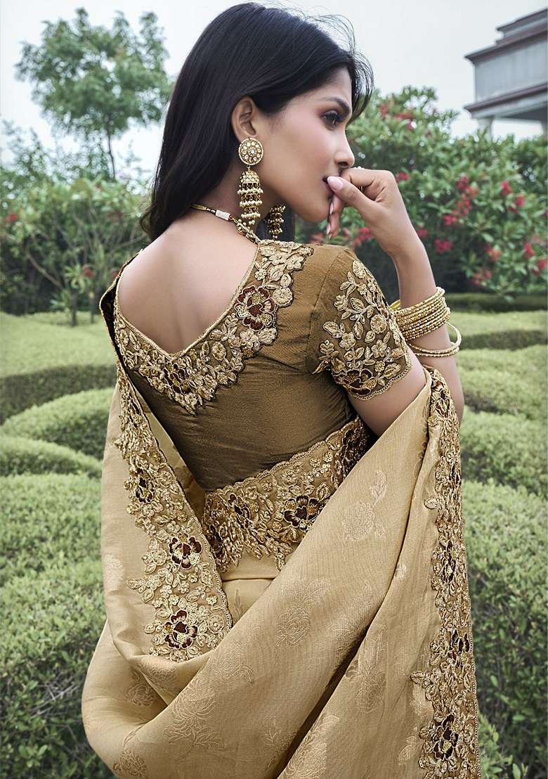 Brown Embroidered Woven Saree Set - Indya