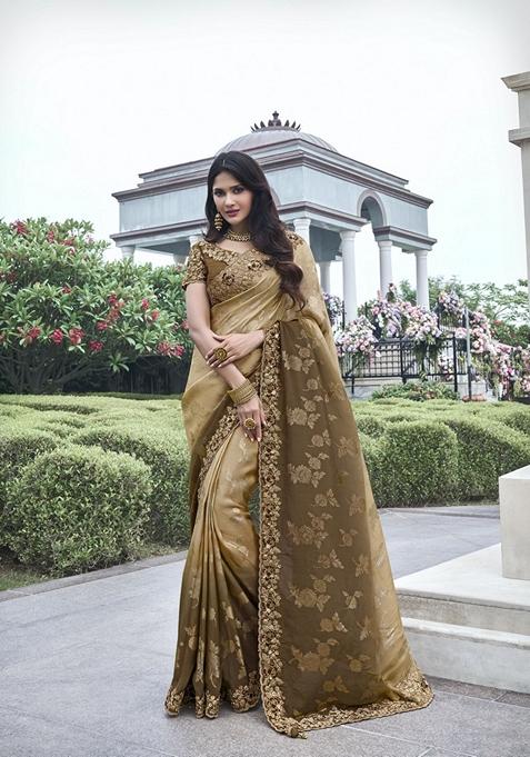 Brown Embroidered Woven Saree Set