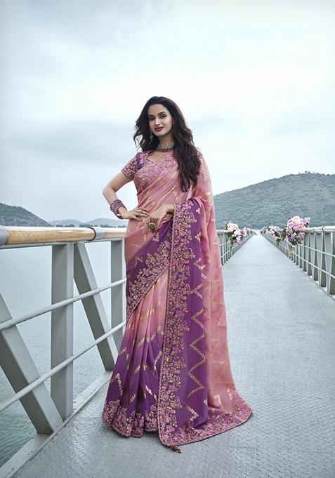 Pink Embroidered Woven Saree Set