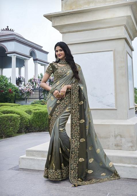 Grey Embroidered Woven Saree Set