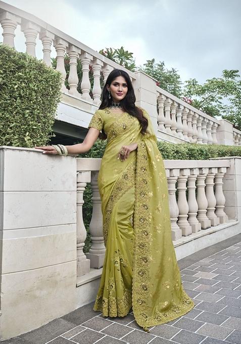 Yellow Embroidered Woven Saree Set