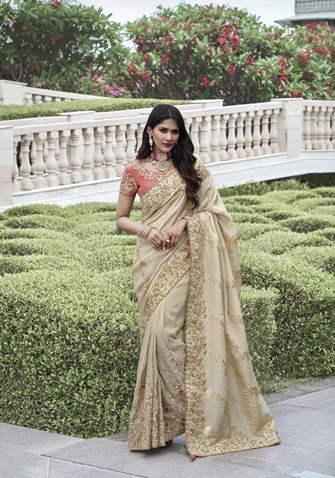 Beige Embroidered Woven Saree Set